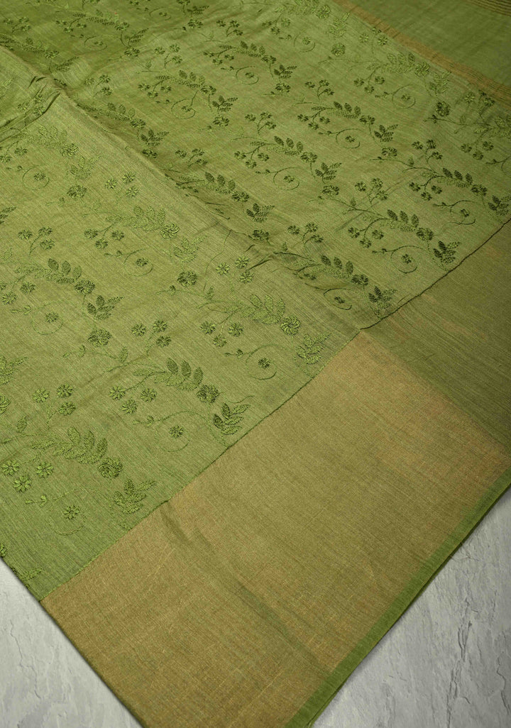 Green Tussar Silk Saree with Floral Embroidery and Muted zari Border | SILK MARK CERTIFIED