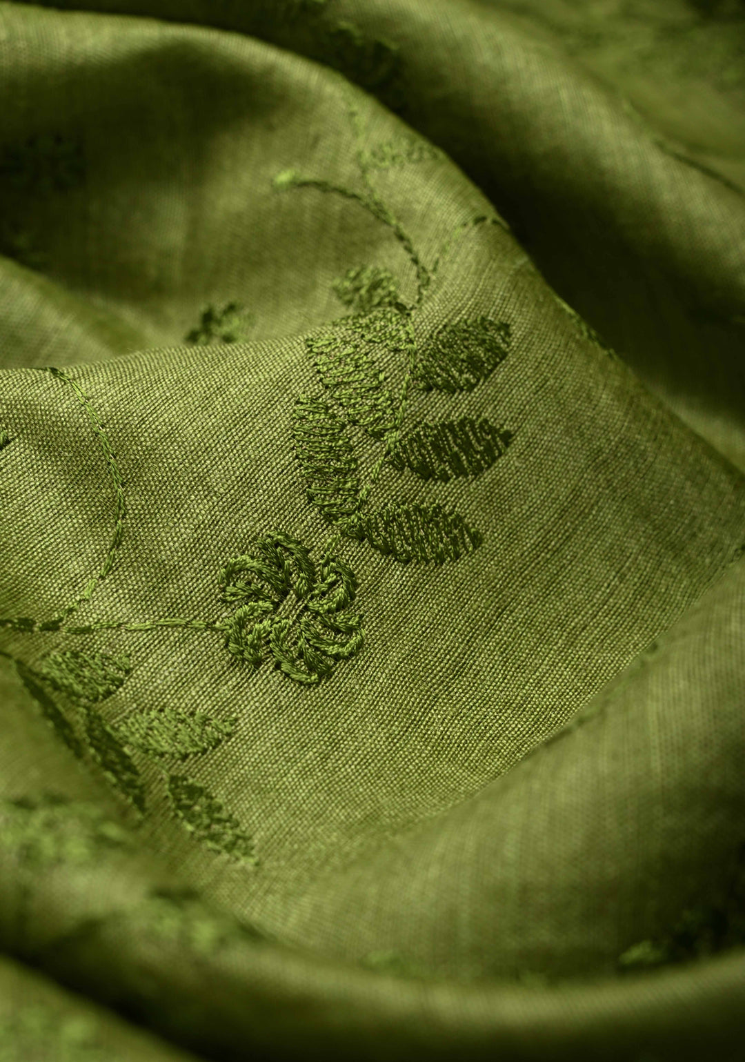 Green Tussar Silk Saree with Floral Embroidery and Muted zari Border | SILK MARK CERTIFIED