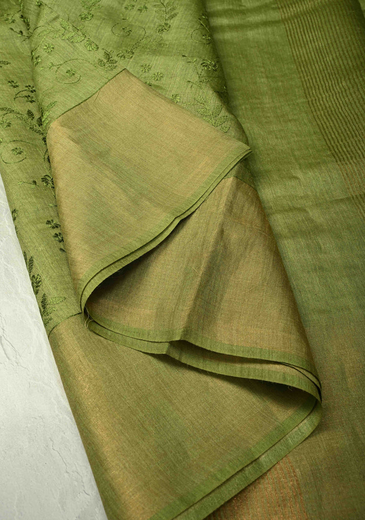 Green Tussar Silk Saree with Floral Embroidery and Muted zari Border | SILK MARK CERTIFIED
