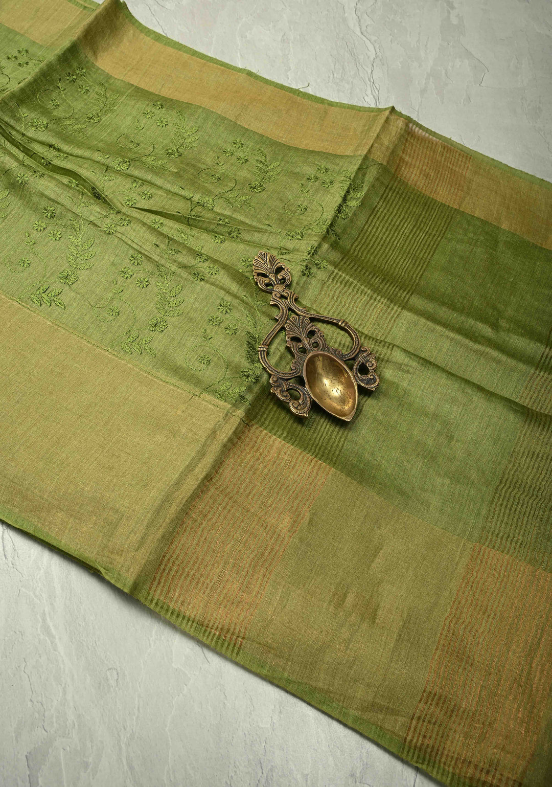 Green Tussar Silk Saree with Floral Embroidery and Muted zari Border | SILK MARK CERTIFIED