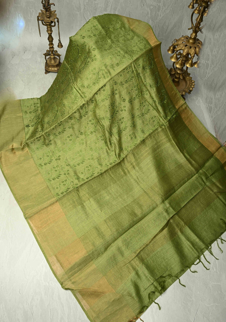 Green Tussar Silk Saree with Floral Embroidery and Muted zari Border | SILK MARK CERTIFIED