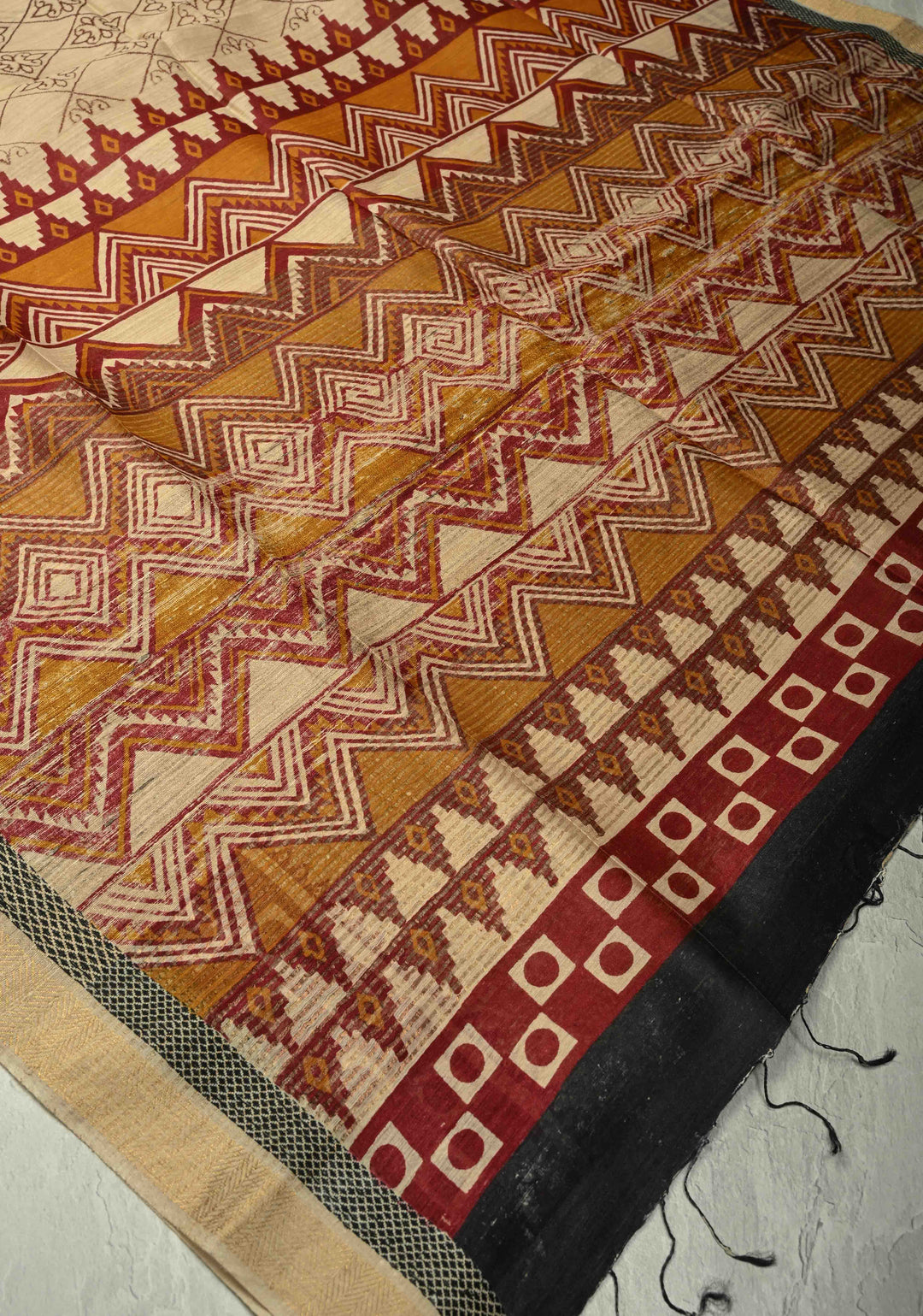 Beige Floral Digital Print Banarasi Tussar Silk Saree with Minimal Zari Border | SILK MARK CERTIFIED