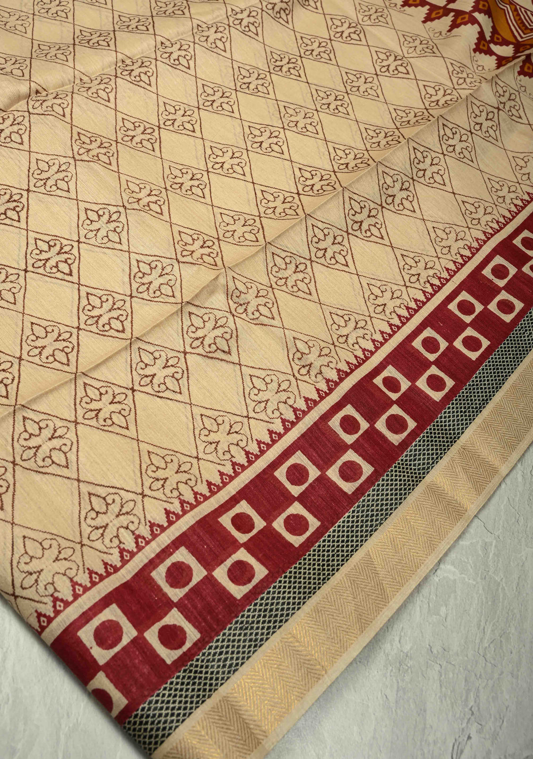 Beige Floral Digital Print Banarasi Tussar Silk Saree with Minimal Zari Border | SILK MARK CERTIFIED