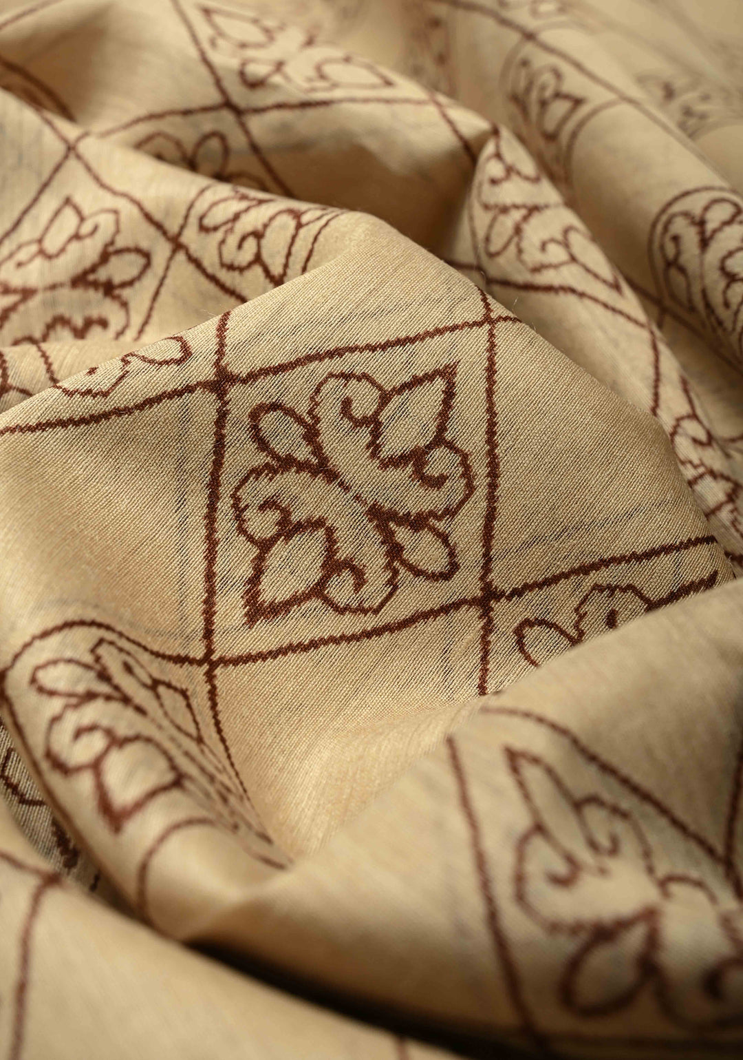 Beige Floral Digital Print Banarasi Tussar Silk Saree with Minimal Zari Border | SILK MARK CERTIFIED