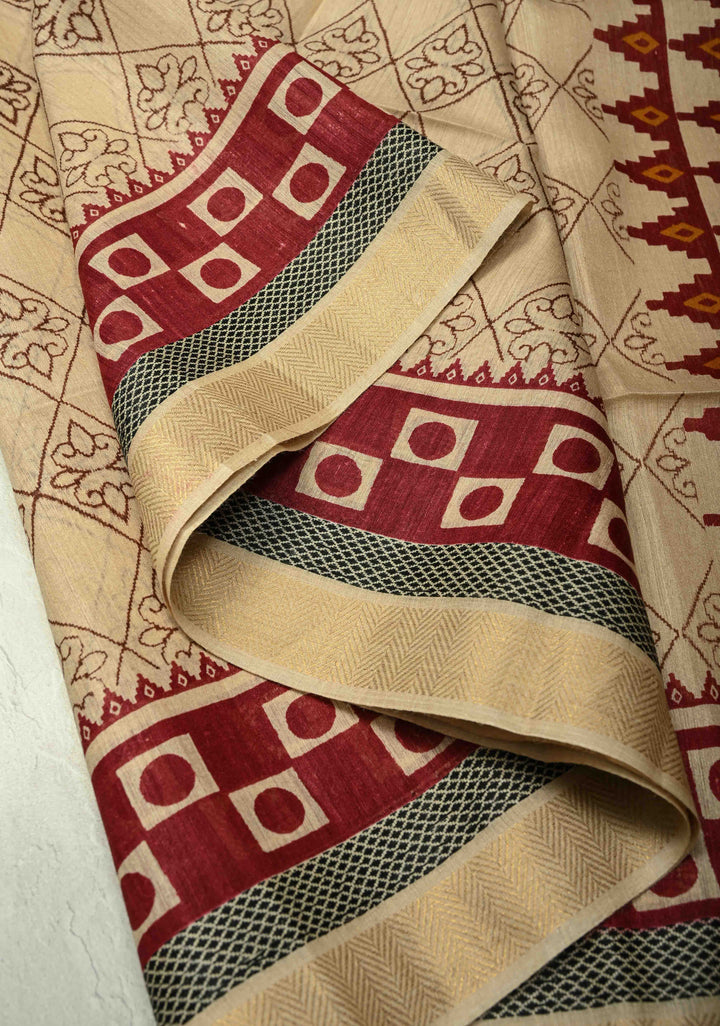 Beige Floral Digital Print Banarasi Tussar Silk Saree with Minimal Zari Border | SILK MARK CERTIFIED