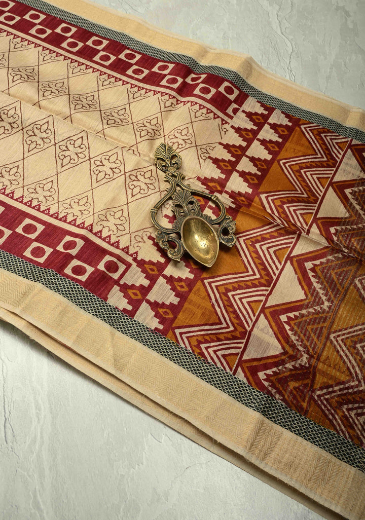 Beige Floral Digital Print Banarasi Tussar Silk Saree with Minimal Zari Border | SILK MARK CERTIFIED