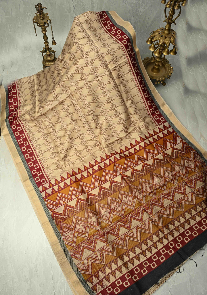 Beige Floral Digital Print Banarasi Tussar Silk Saree with Minimal Zari Border | SILK MARK CERTIFIED