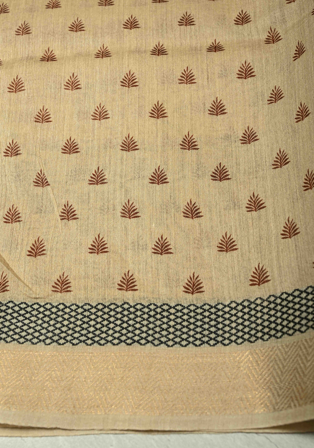 Beige Digital Print Banarasi Tussar Silk Saree with Minimal Zari Border | SILK MARK CERTIFIED