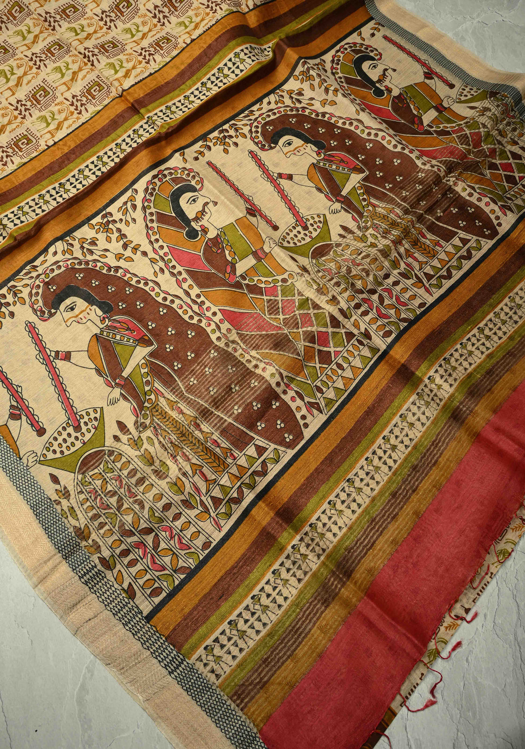 Beige Digital Print Banarasi Tussar Silk Saree with Minimal Zari Border | SILK MARK CERTIFIED