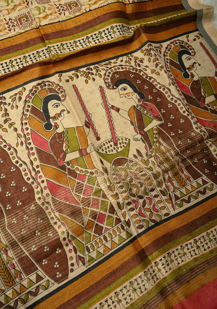 Beige Digital Print Banarasi Tussar Silk Saree with Minimal Zari Border | SILK MARK CERTIFIED