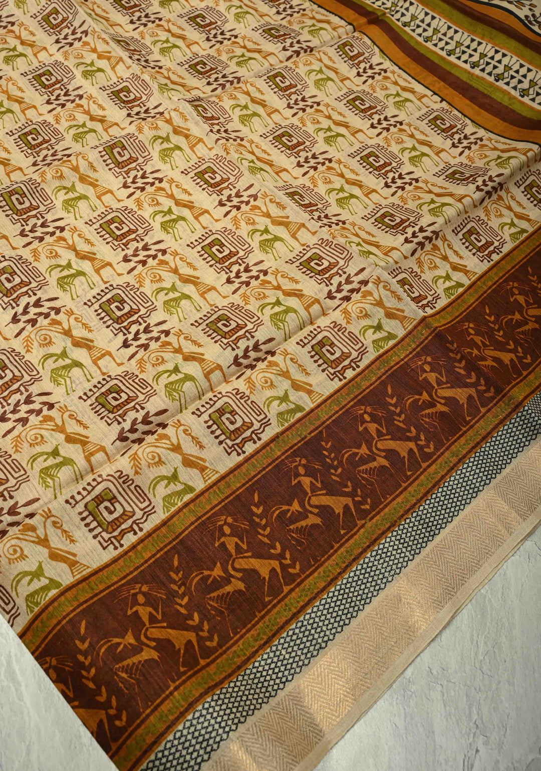 Beige Digital Print Banarasi Tussar Silk Saree with Minimal Zari Border | SILK MARK CERTIFIED