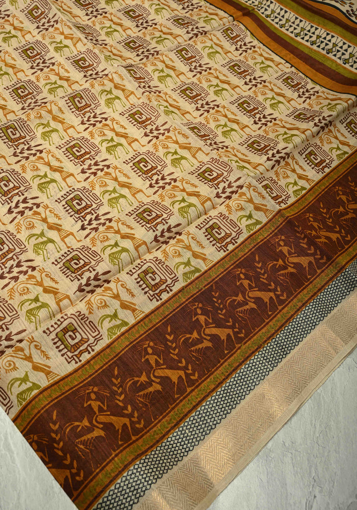 Beige Digital Print Banarasi Tussar Silk Saree with Minimal Zari Border | SILK MARK CERTIFIED