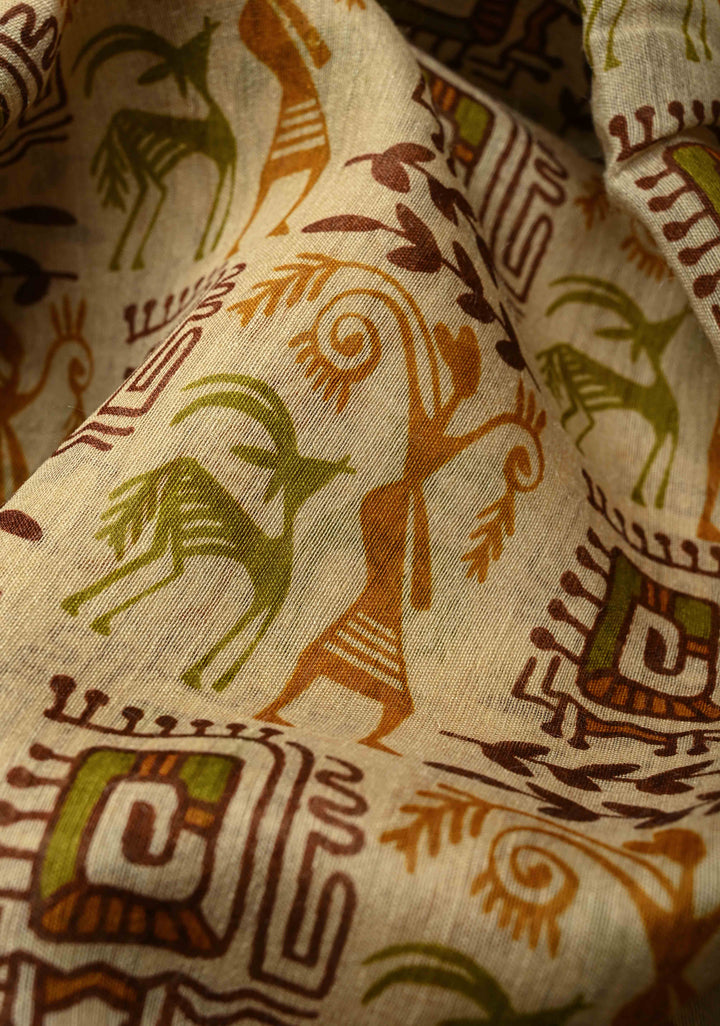 Beige Digital Print Banarasi Tussar Silk Saree with Minimal Zari Border | SILK MARK CERTIFIED