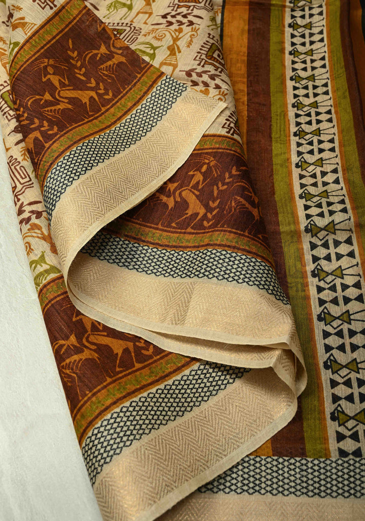 Beige Digital Print Banarasi Tussar Silk Saree with Minimal Zari Border | SILK MARK CERTIFIED