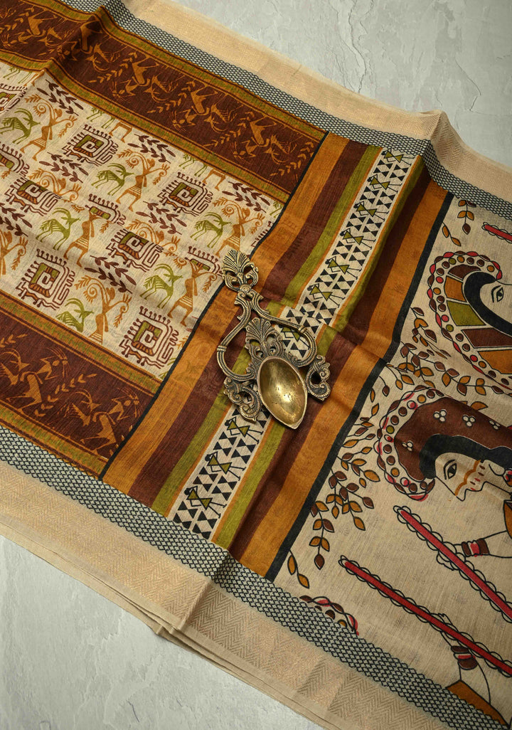 Beige Digital Print Banarasi Tussar Silk Saree with Minimal Zari Border | SILK MARK CERTIFIED