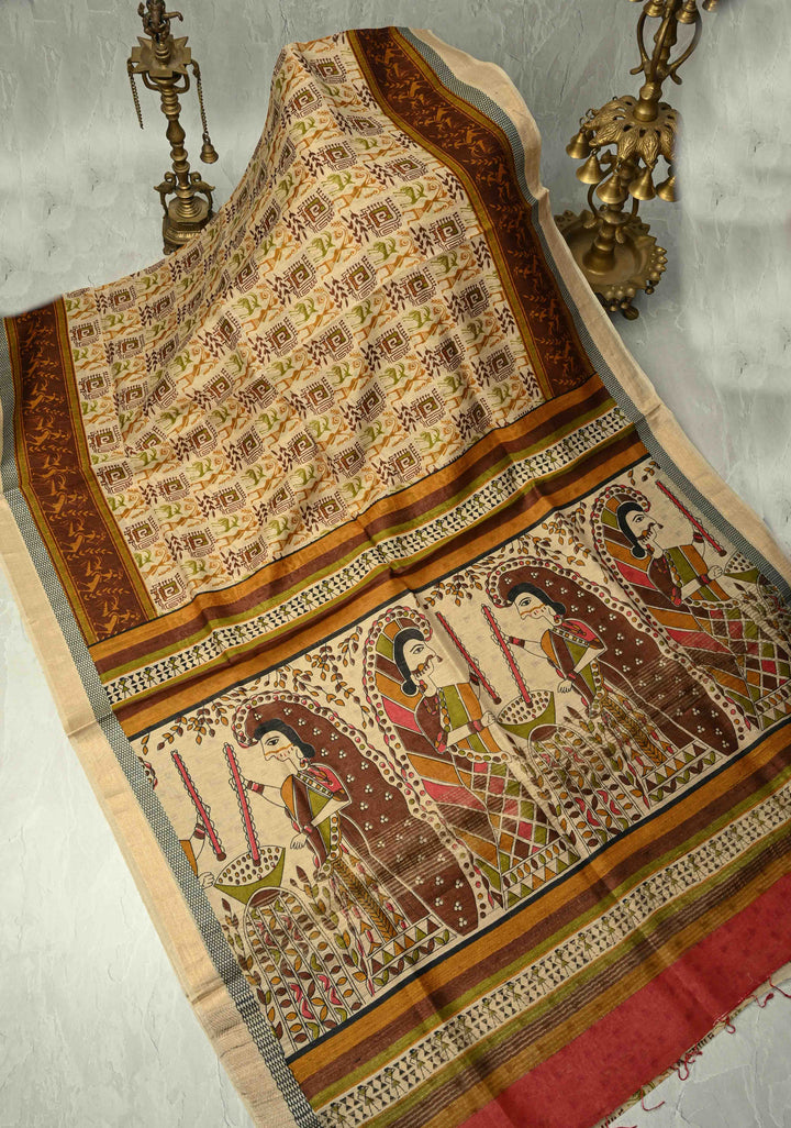 Beige Digital Print Banarasi Tussar Silk Saree with Minimal Zari Border | SILK MARK CERTIFIED