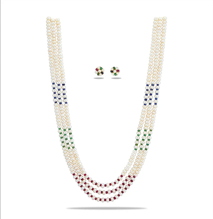 Natural Mix Ruby & Sapphire & Emerald And 5.0-6.0mm Button Freshwater Pearl Necklace Set - AA Quality