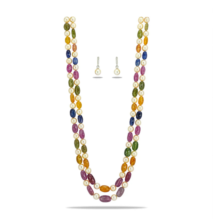 Natural Navaratan Beads and 7.0-8.0mm Cream South Sea Pearls Necklace Set - A Quality | SHOBITAM