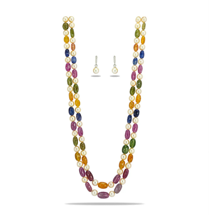 Natural Navaratan Beads and 7.0-8.0mm Cream South Sea Pearls Necklace Set - A Quality | SHOBITAM