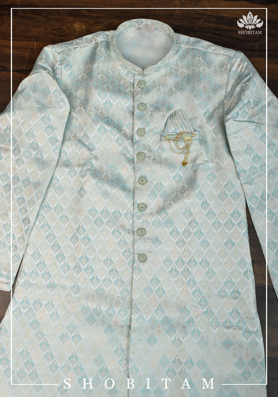 Meenakari  Brocade Floral Embroidered Kurta Pyjama Set in Silver and Blue, Multiple Size | Ethnic Menswear by Shobitam