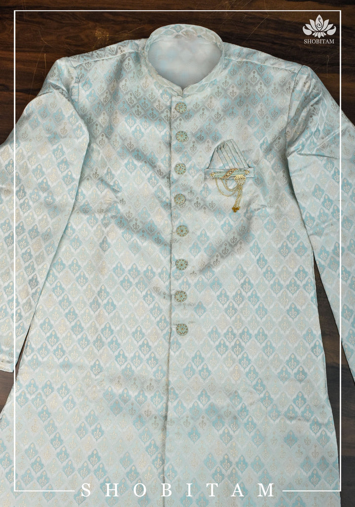 Meenakari  Brocade Floral Embroidered Kurta Pyjama Set in Silver and Blue, Multiple Size | Ethnic Menswear by Shobitam