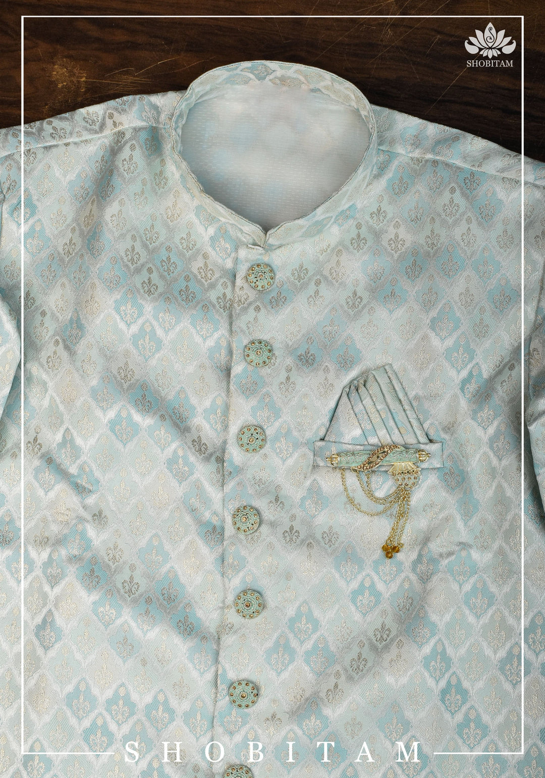 Meenakari  Brocade Floral Embroidered Kurta Pyjama Set in Silver and Blue, Multiple Size | Ethnic Menswear by Shobitam