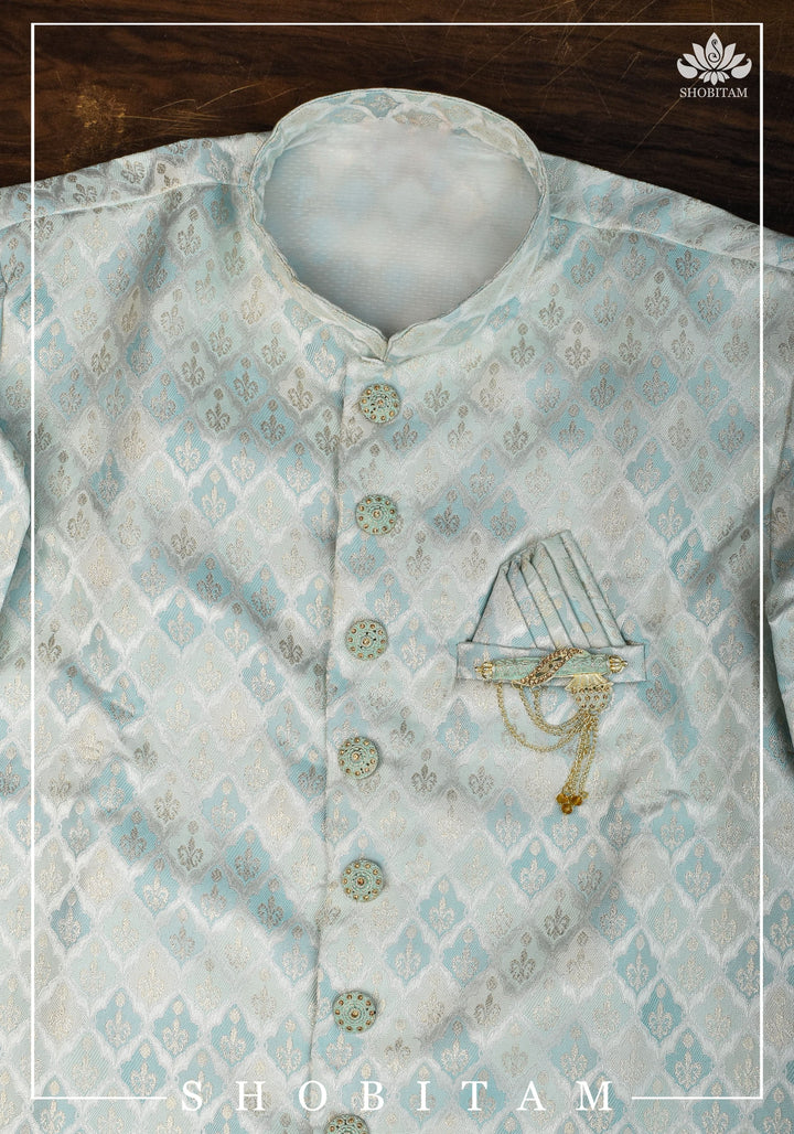 Meenakari  Brocade Floral Embroidered Kurta Pyjama Set in Silver and Blue, Multiple Size | Ethnic Menswear by Shobitam