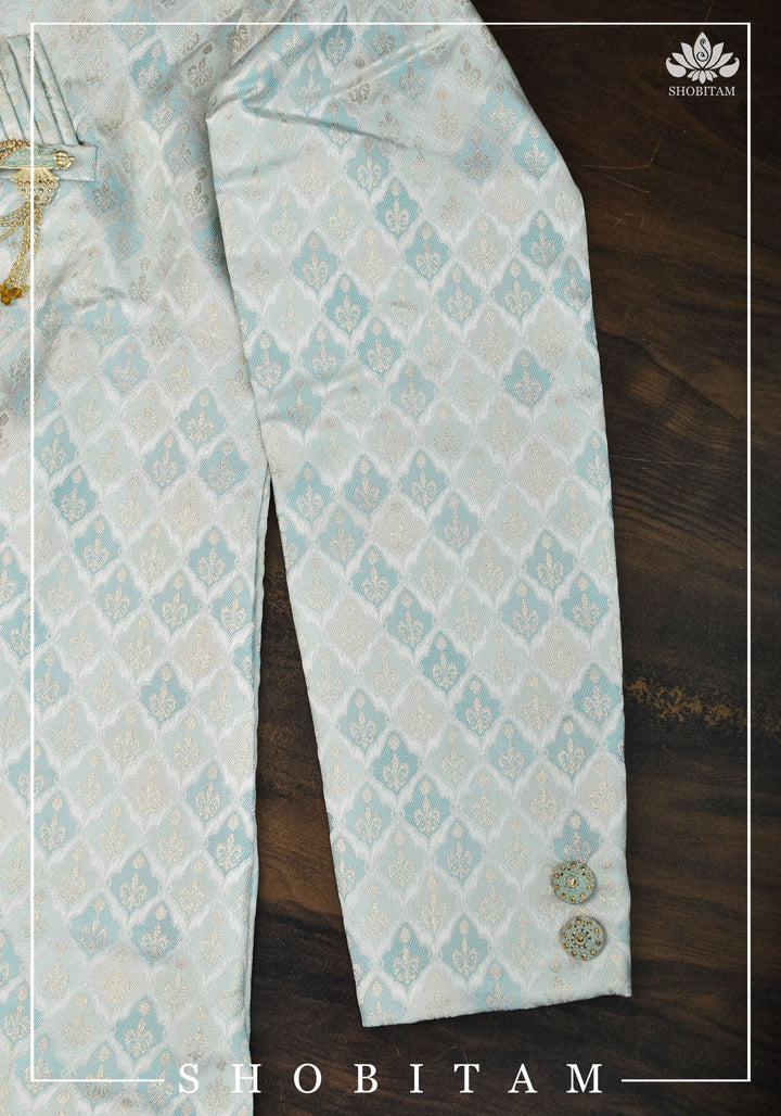 Meenakari  Brocade Floral Embroidered Kurta Pyjama Set in Silver and Blue, Multiple Size | Ethnic Menswear by Shobitam