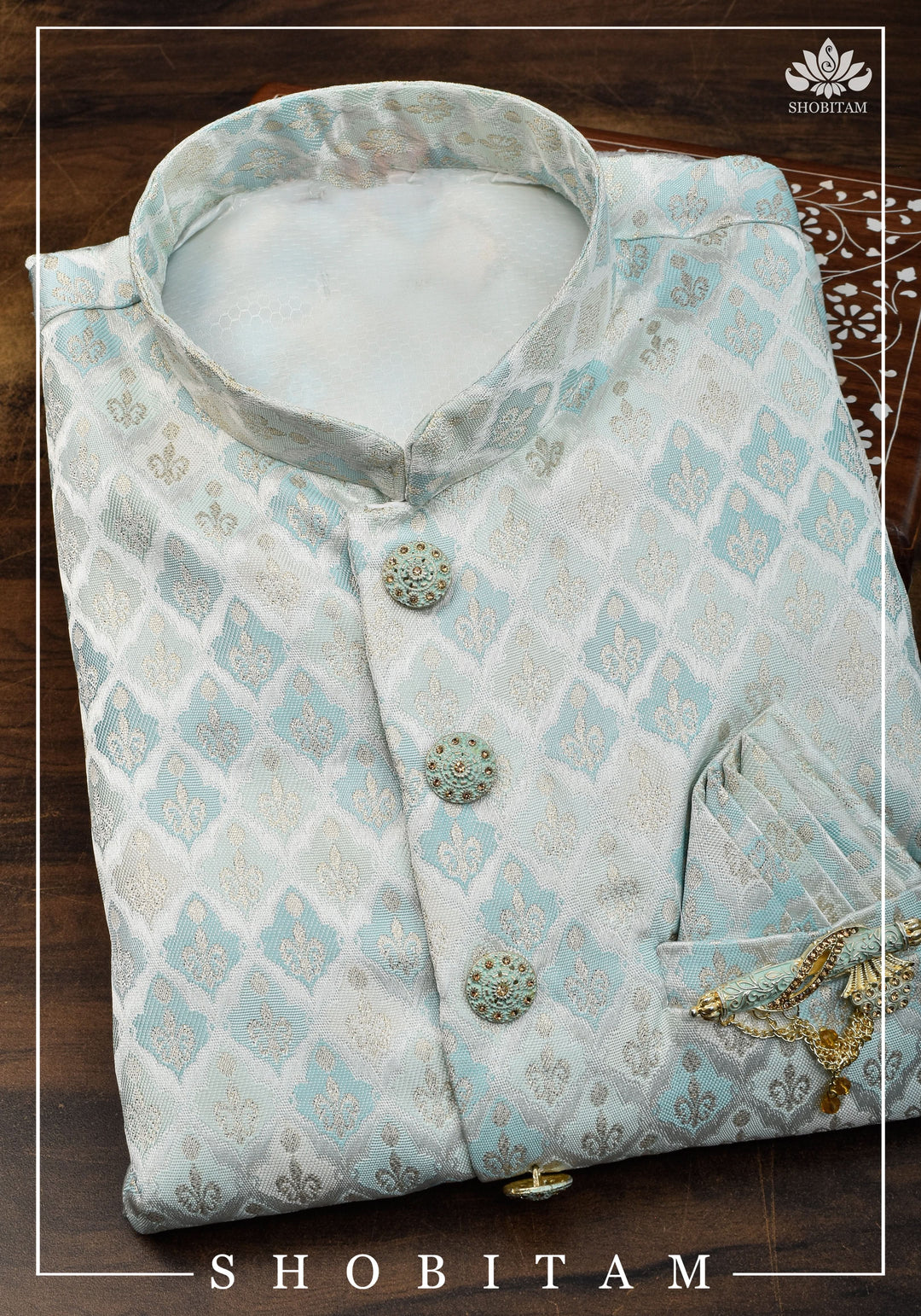 Meenakari  Brocade Floral Embroidered Kurta Pyjama Set in Silver and Blue, Multiple Size | Ethnic Menswear by Shobitam