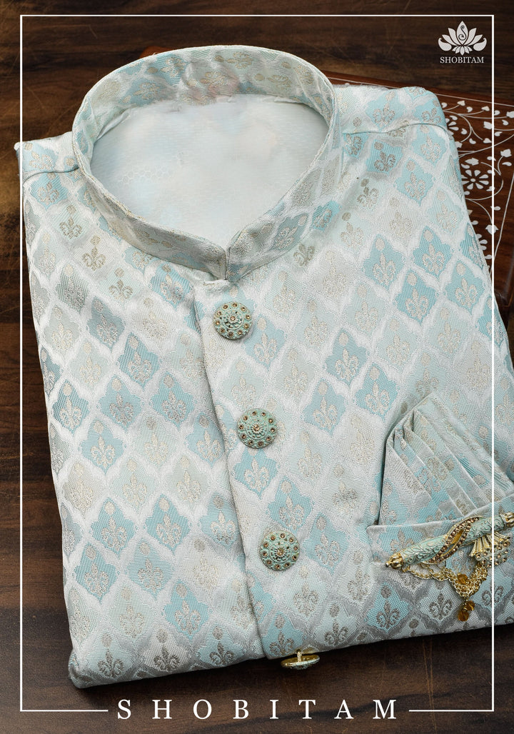 Meenakari  Brocade Floral Embroidered Kurta Pyjama Set in Silver and Blue, Multiple Size | Ethnic Menswear by Shobitam