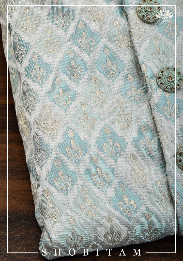Meenakari  Brocade Floral Embroidered Kurta Pyjama Set in Silver and Blue, Multiple Size | Ethnic Menswear by Shobitam