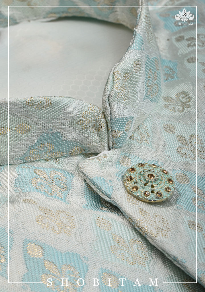 Meenakari  Brocade Floral Embroidered Kurta Pyjama Set in Silver and Blue, Multiple Size | Ethnic Menswear by Shobitam