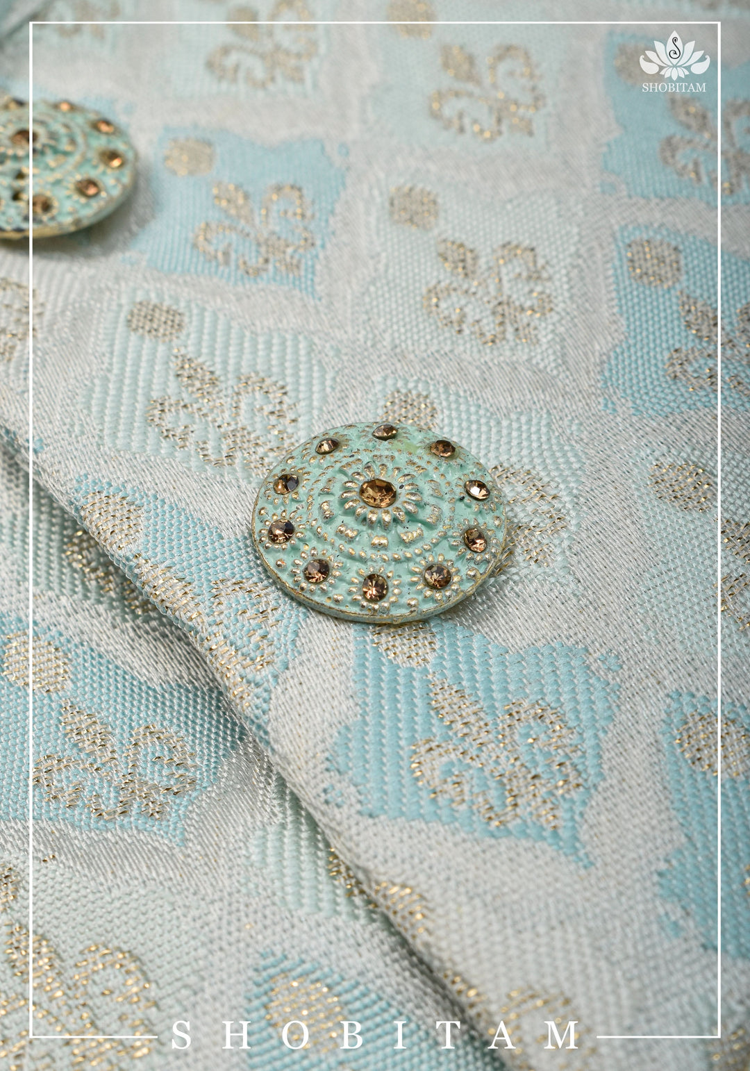 Meenakari  Brocade Floral Embroidered Kurta Pyjama Set in Silver and Blue, Multiple Size | Ethnic Menswear by Shobitam