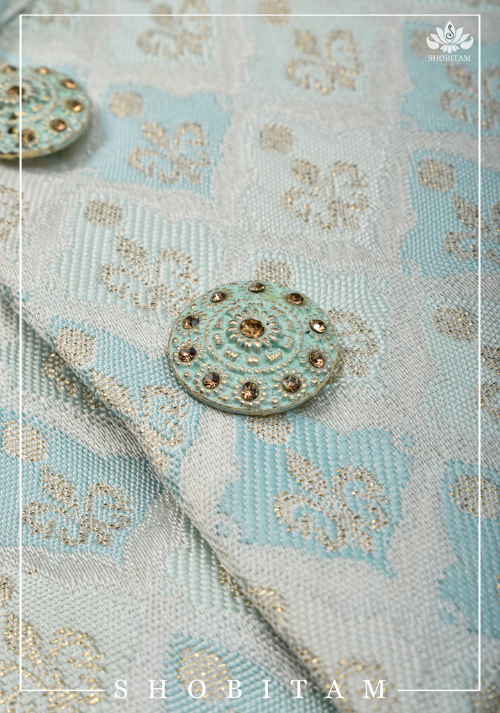 Meenakari  Brocade Floral Embroidered Kurta Pyjama Set in Silver and Blue, Multiple Size | Ethnic Menswear by Shobitam