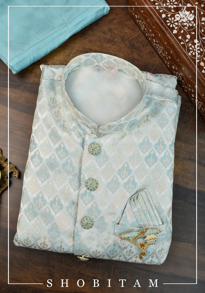 Meenakari  Brocade Floral Embroidered Kurta Pyjama Set in Silver and Blue, Multiple Size | Ethnic Menswear by Shobitam