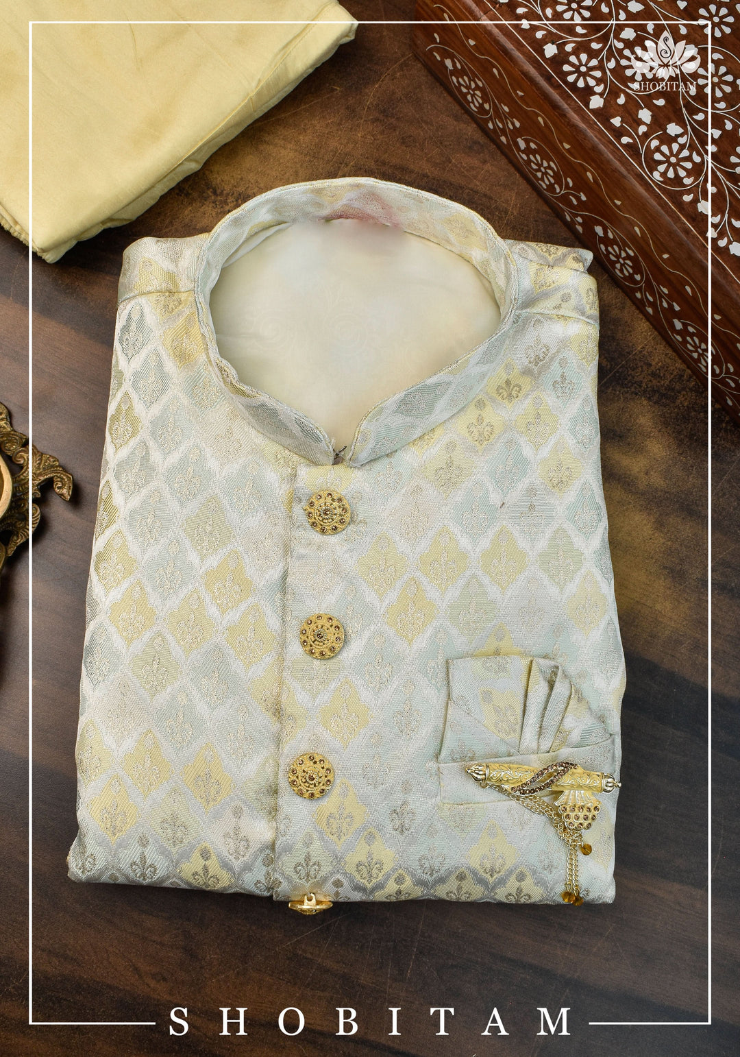 Waistcoat for Men in Beige with Pastel Brocade,  Multiple Size | Ethnic Menswear by Shobitam