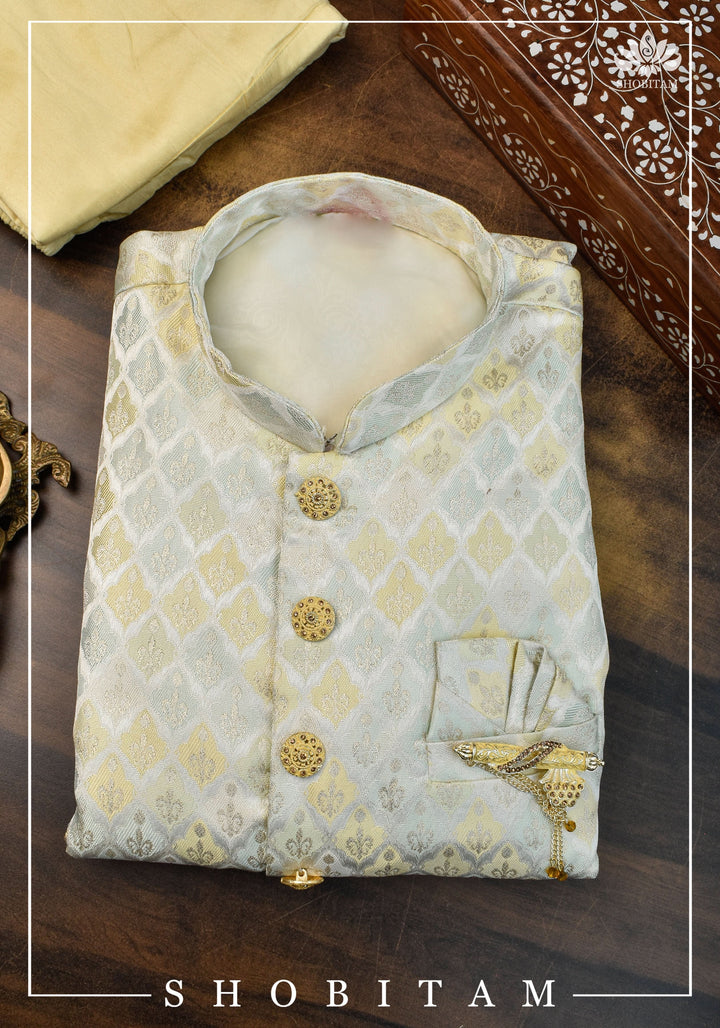 Waistcoat for Men in Beige with Pastel Brocade,  Multiple Size | Ethnic Menswear by Shobitam