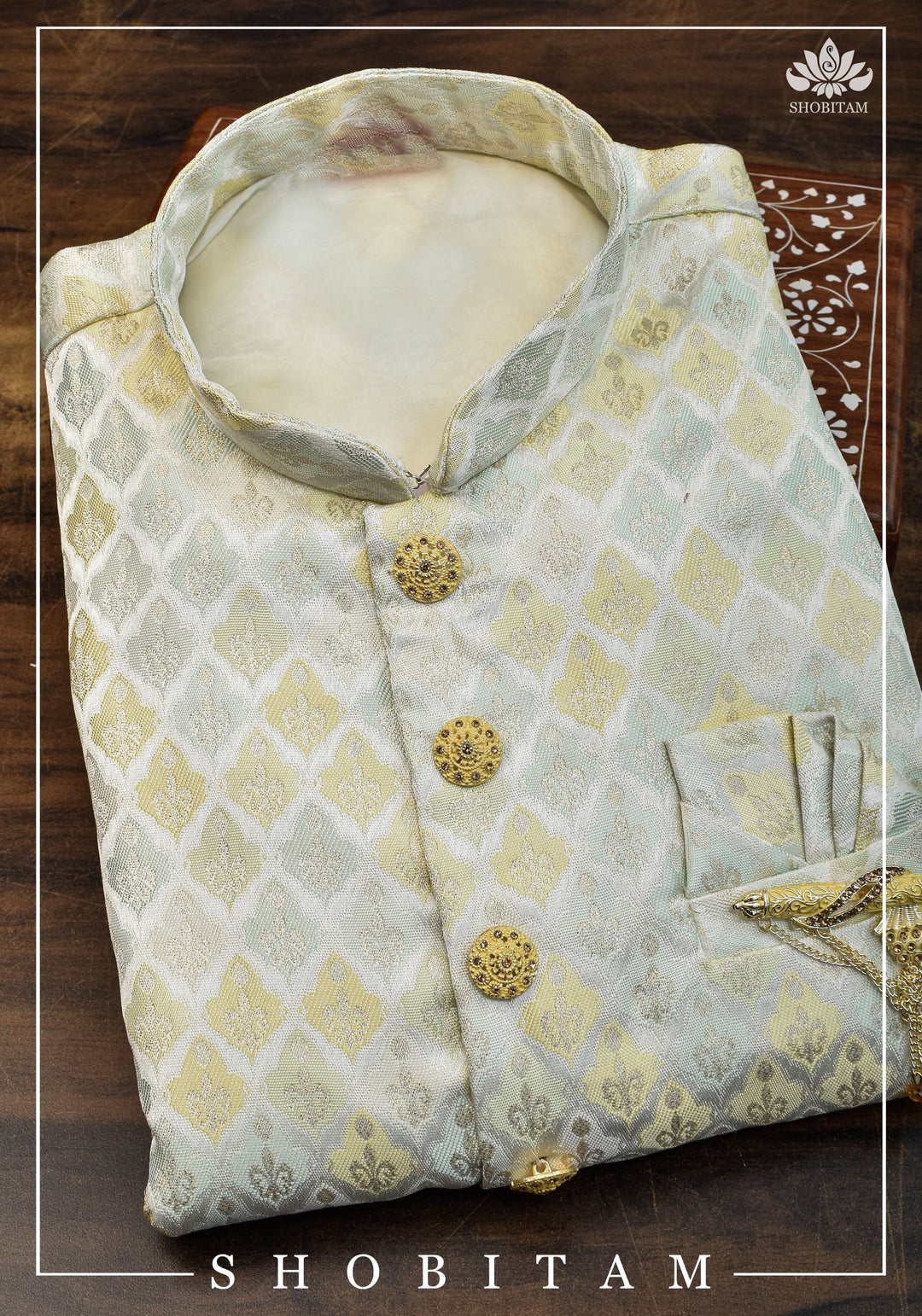 Waistcoat for Men in Beige with Pastel Brocade,  Multiple Size | Ethnic Menswear by Shobitam