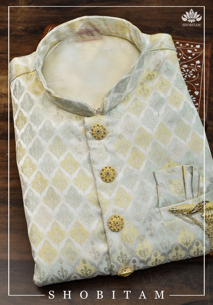 Waistcoat for Men in Beige with Pastel Brocade,  Multiple Size | Ethnic Menswear by Shobitam