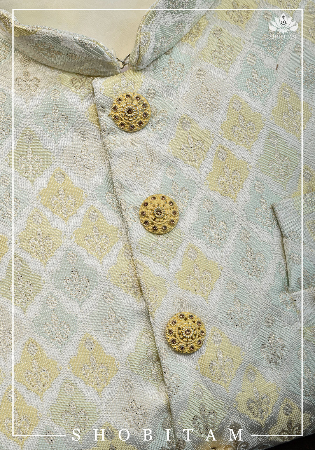 Waistcoat for Men in Beige with Pastel Brocade,  Multiple Size | Ethnic Menswear by Shobitam