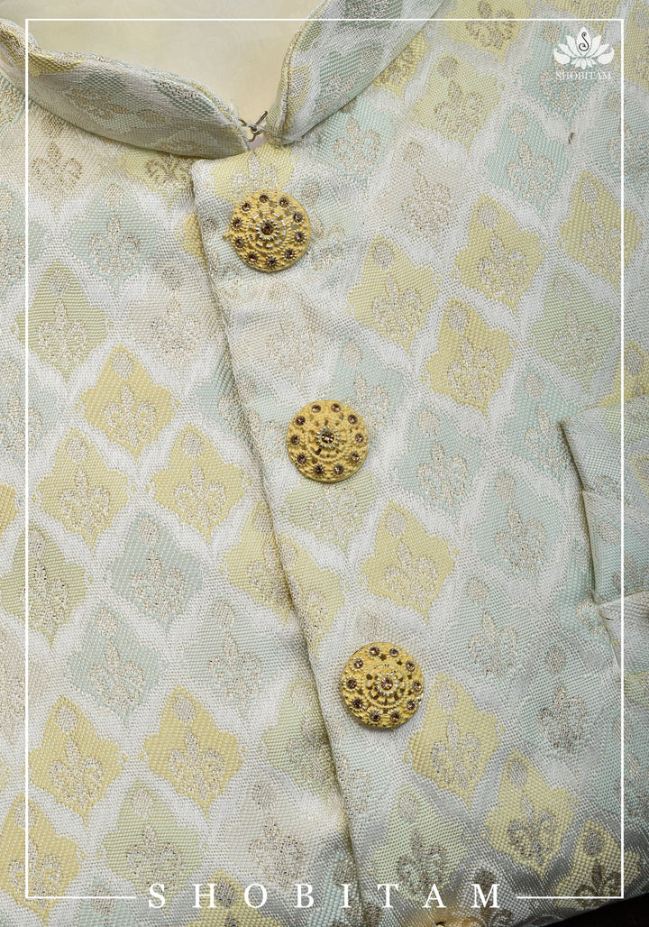 Waistcoat for Men in Beige with Pastel Brocade,  Multiple Size | Ethnic Menswear by Shobitam