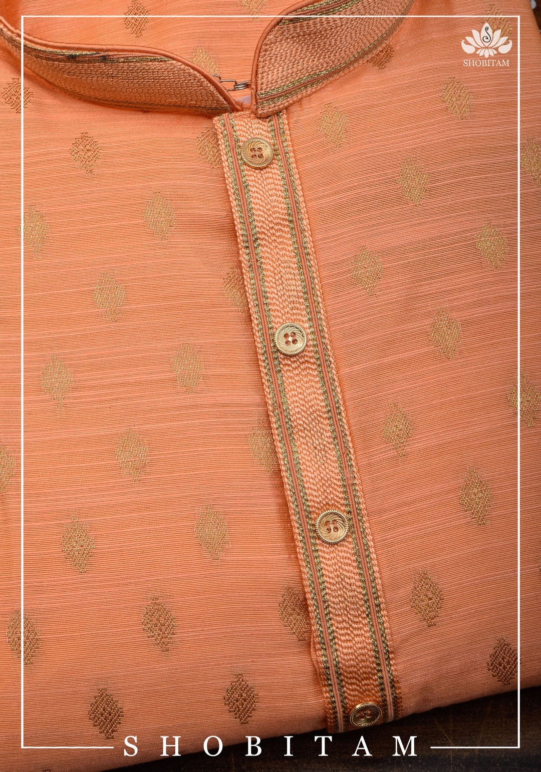 Bright Peach Zari Butta Kurta Pajama Set for Men, Multiple Sizes | Ethnic Menswear by Shobitam