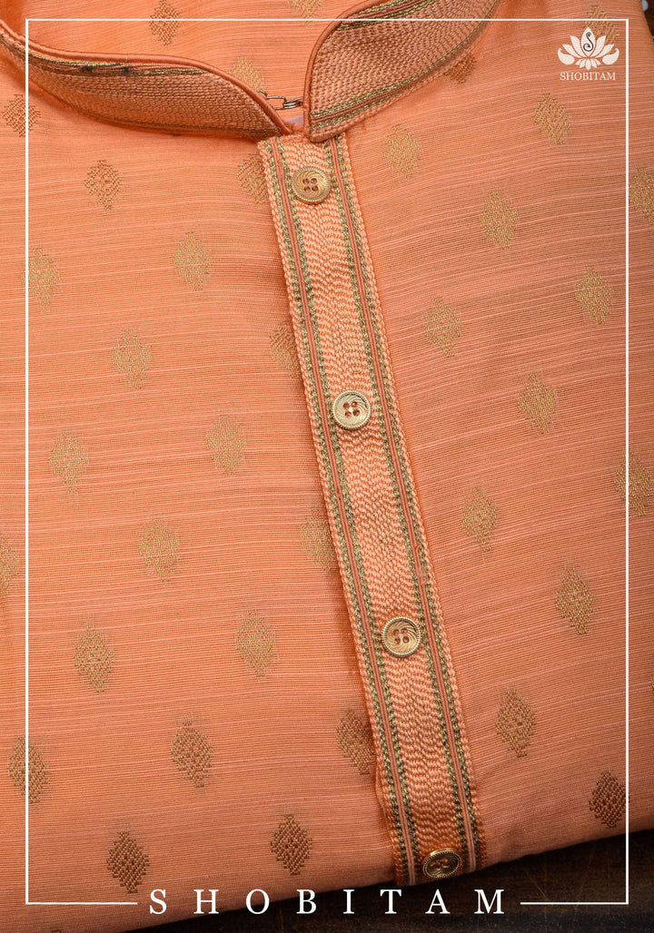 Bright Peach Zari Butta Kurta Pajama Set for Men, Multiple Sizes | Ethnic Menswear by Shobitam