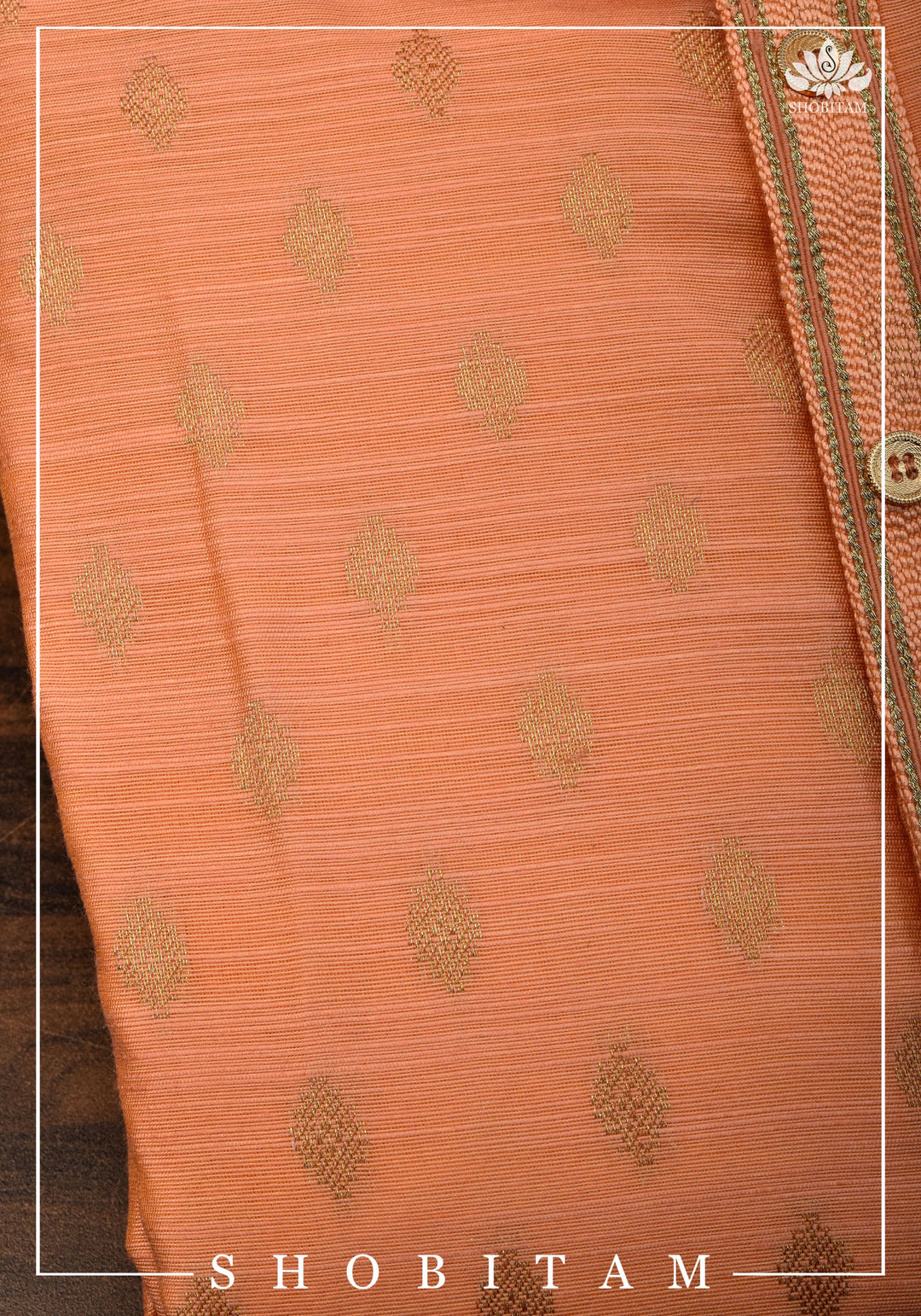 Bright Peach Zari Butta Kurta Pajama Set for Men, Multiple Sizes | Ethnic Menswear by Shobitam