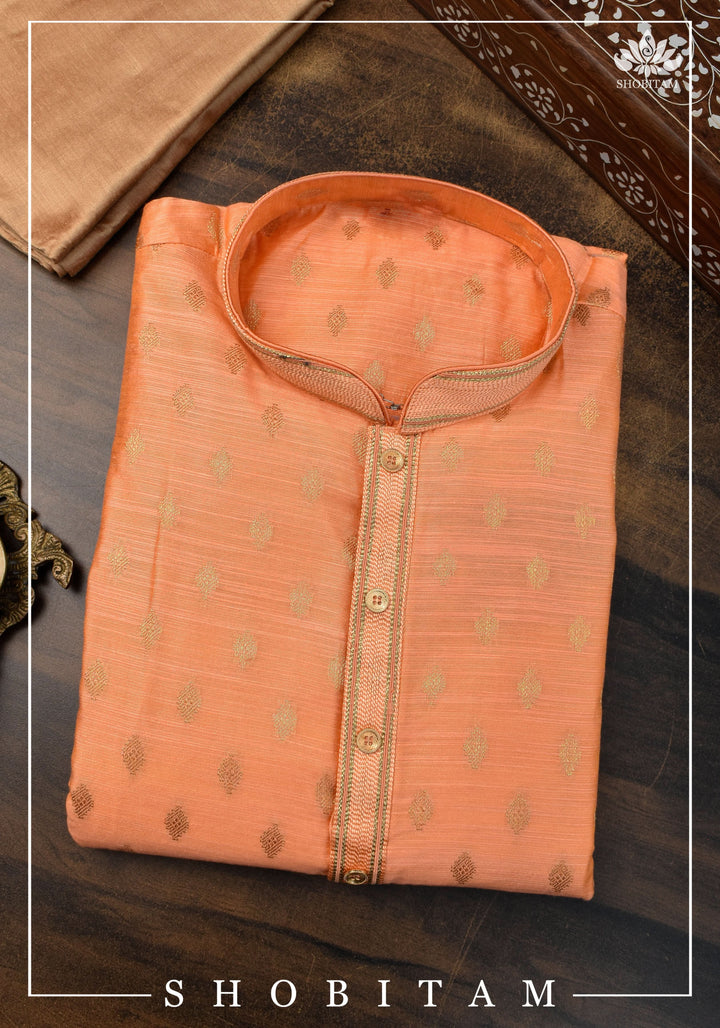 Bright Peach Zari Butta Kurta Pajama Set for Men, Multiple Sizes | Ethnic Menswear by Shobitam