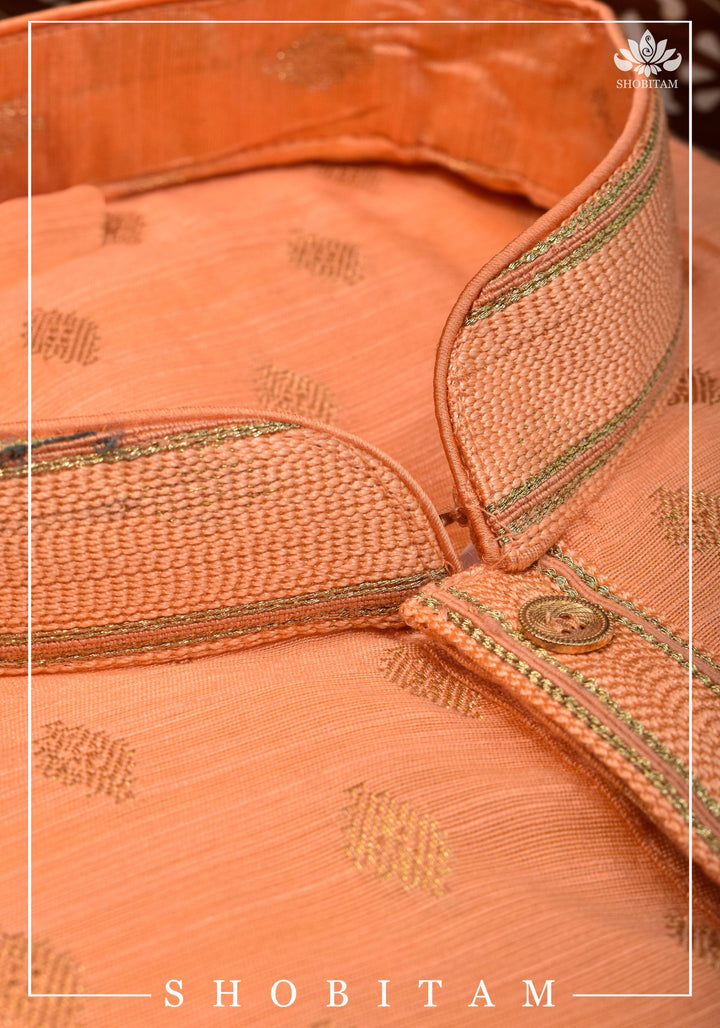 Bright Peach Zari Butta Kurta Pajama Set for Men, Multiple Sizes | Ethnic Menswear by Shobitam