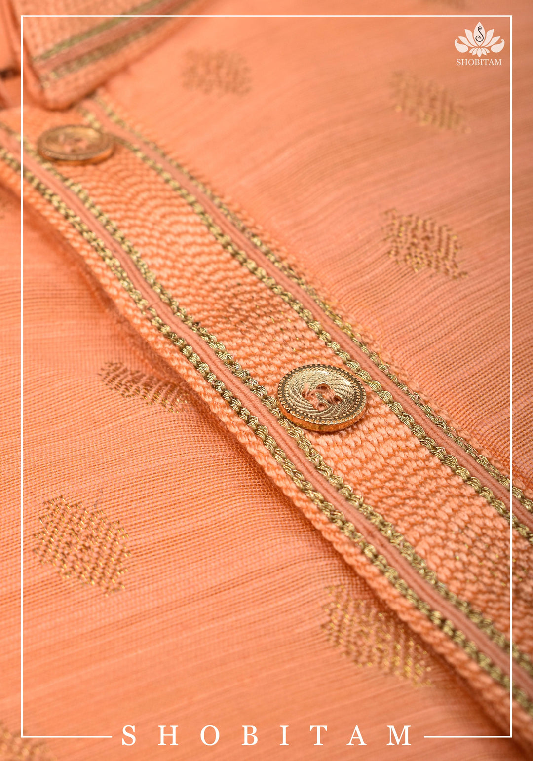 Bright Peach Zari Butta Kurta Pajama Set for Men, Multiple Sizes | Ethnic Menswear by Shobitam