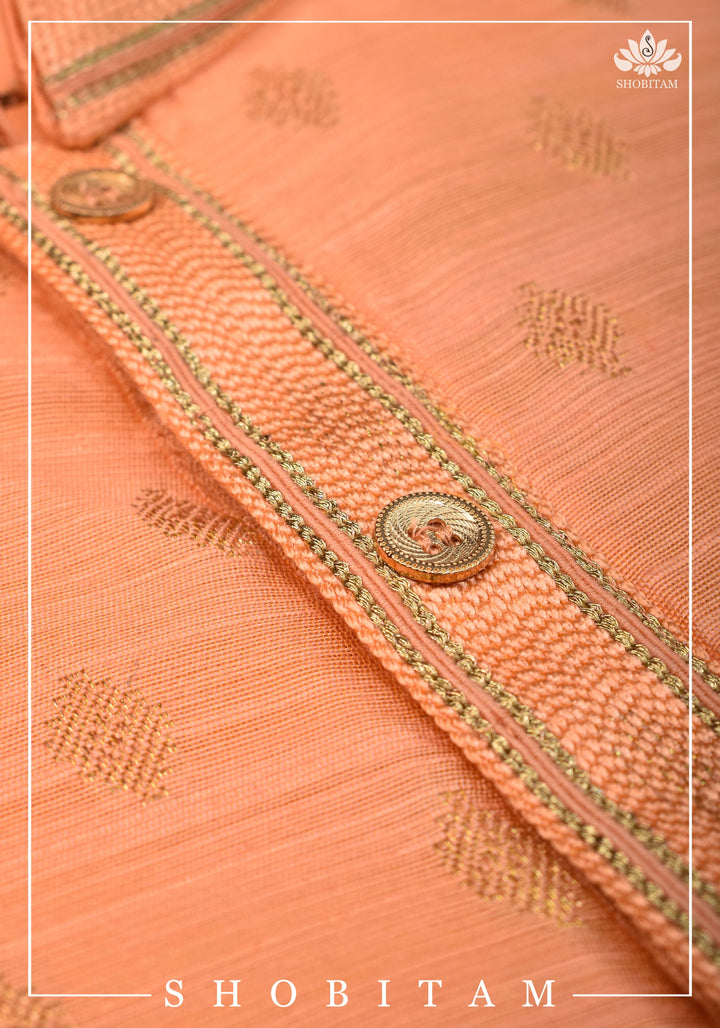 Bright Peach Zari Butta Kurta Pajama Set for Men, Multiple Sizes | Ethnic Menswear by Shobitam