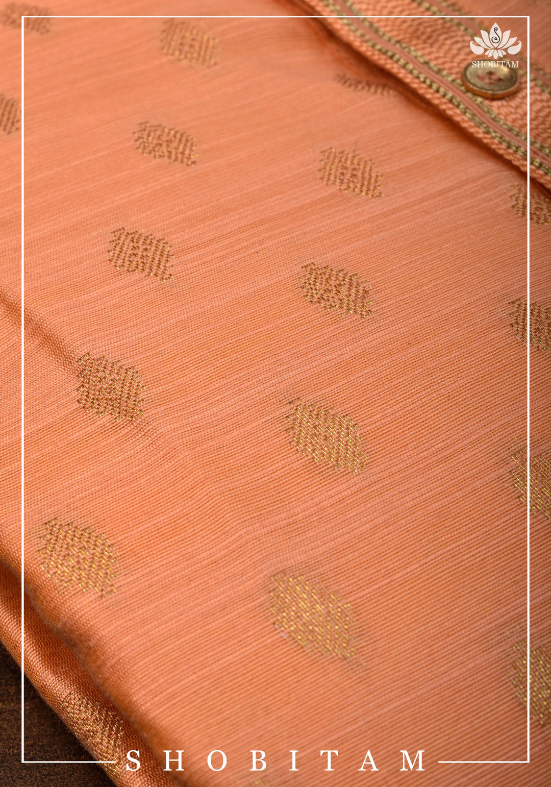 Bright Peach Zari Butta Kurta Pajama Set for Men, Multiple Sizes | Ethnic Menswear by Shobitam
