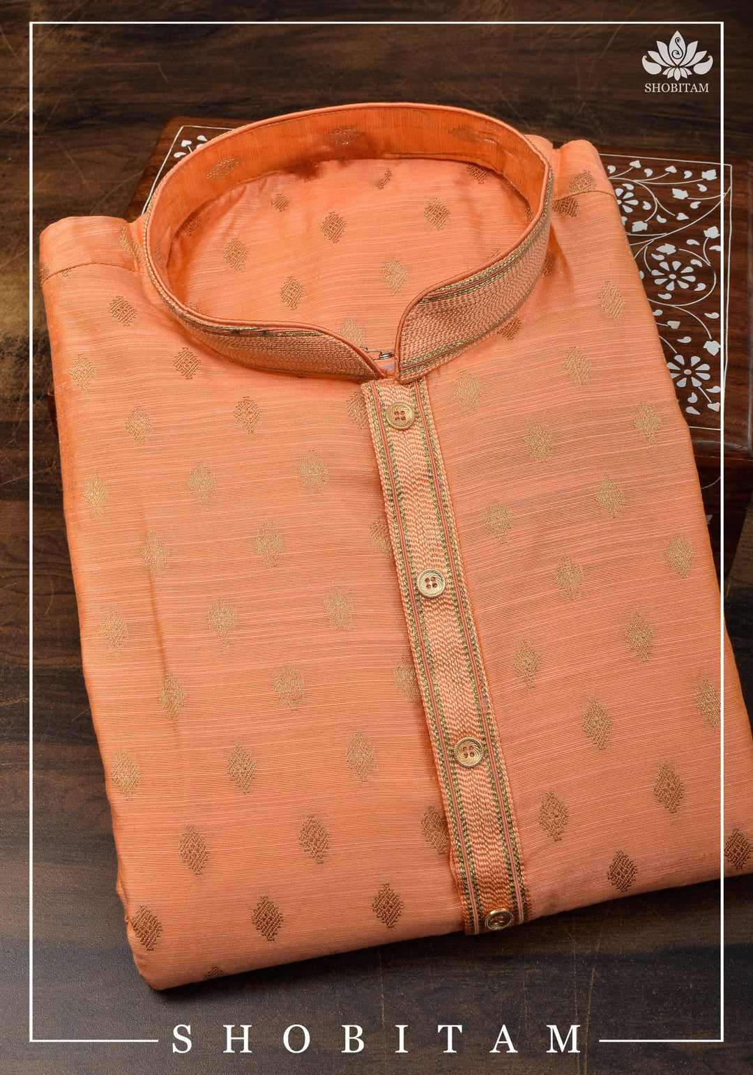 Bright Peach Zari Butta Kurta Pajama Set for Men, Multiple Sizes | Ethnic Menswear by Shobitam